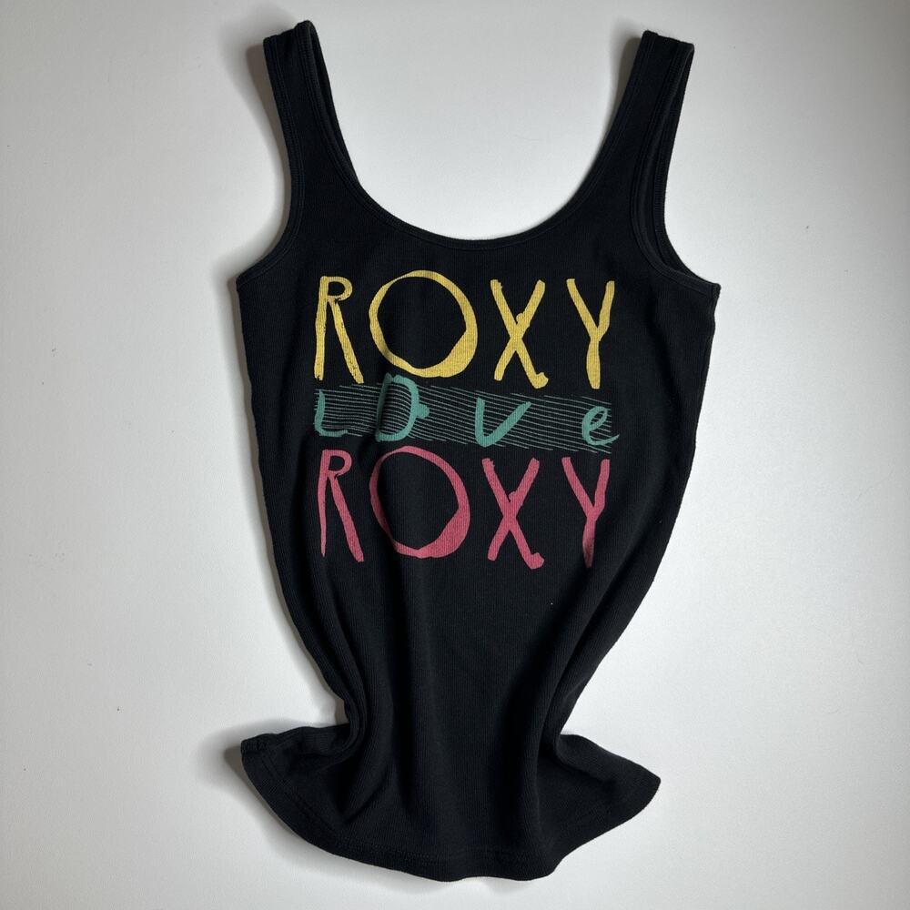 Vintage Roxy Love Y2K Logo Tank Top Black Neon Skater Surf Beach Stretch Small - Picture 3 of 10